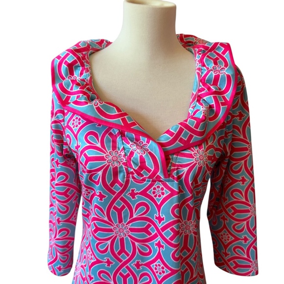 GRETCHEN SCOTT DESIGNS  RUFFNECK DRESS SCALLOP NECKLINE SHIFT STRETCH JERSEY SM - Picture 3 of 13